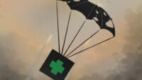 Illustration of a supply box of medicine with a tattered parachute descending diagonally to the ground, in the background a hazy battleground smokes