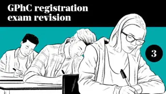 Stylised illustration of three students in the midst of an exam, writing staring down and writing their papers