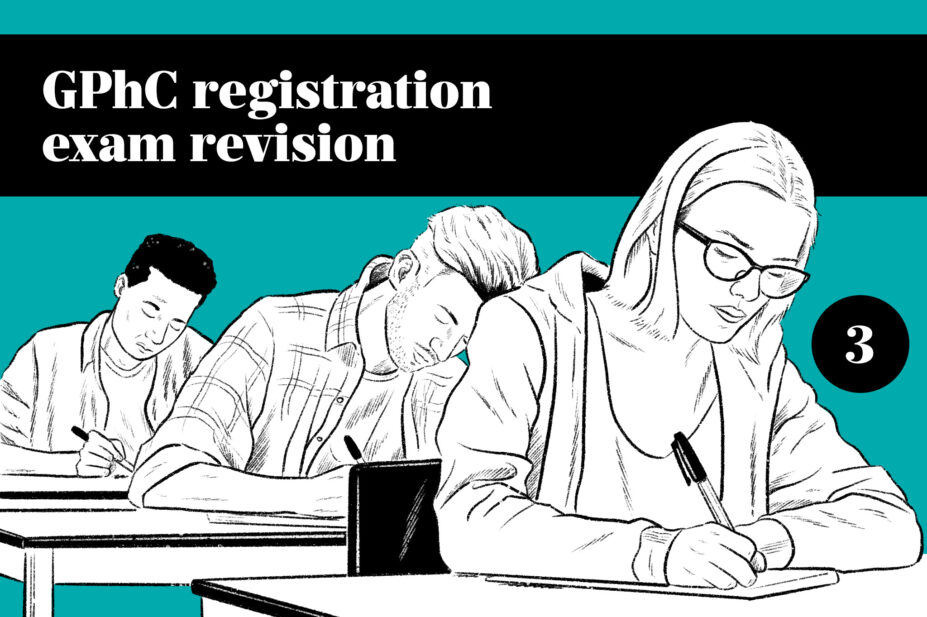 Stylised illustration of three students in the midst of an exam, writing staring down and writing their papers