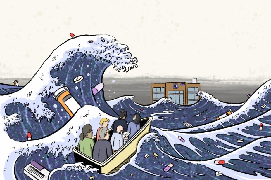 Illustration mimicking Hokusai's Great Wave print, with the sea made of and full of medication, and a workforce in a boat trying to make its way to the hospital on the horizon.