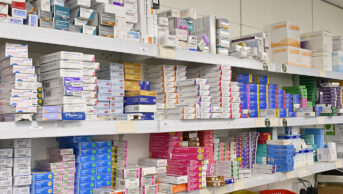 medicines on pharmacy shelves