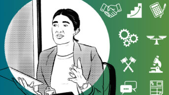 Stylised illustration of a woman in an office learning situation, with icons for the professional skills