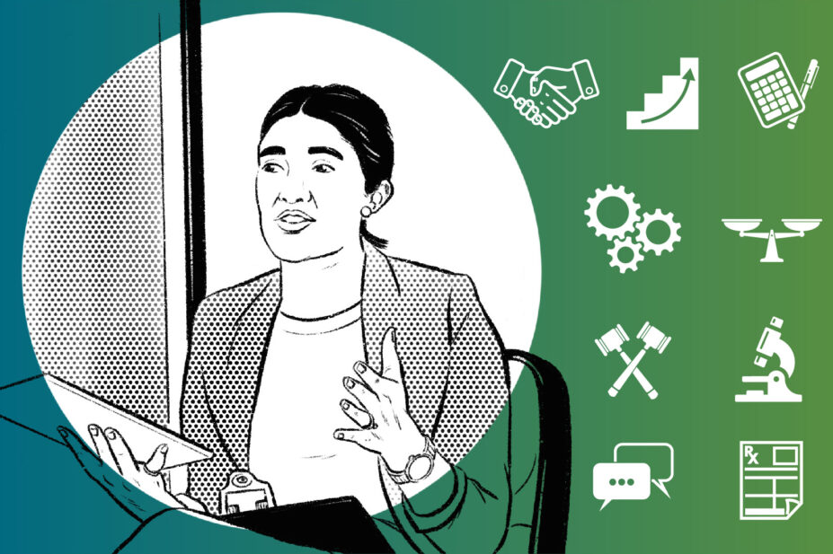 Stylised illustration of a woman in an office learning situation, with icons for the professional skills