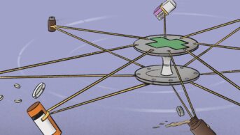 Illustration of a deconstructed wheel with medicines at the end of each spoke, spinning out of control