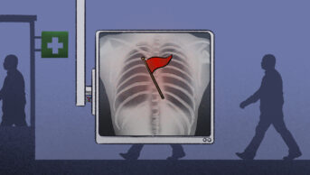 Illustration showing a silhouette of a person walking behind an x-ray machine which shows a red flag, then walking into a pharmacy