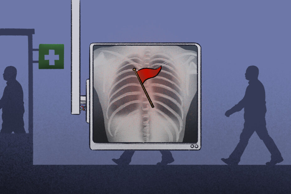Illustration showing a silhouette of a person walking behind an x-ray machine which shows a red flag, then walking into a pharmacy