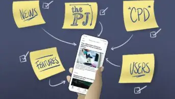 Illustration showing the new PJ app being held at the centre on an iphone, surrounded by post-it notes that read, 