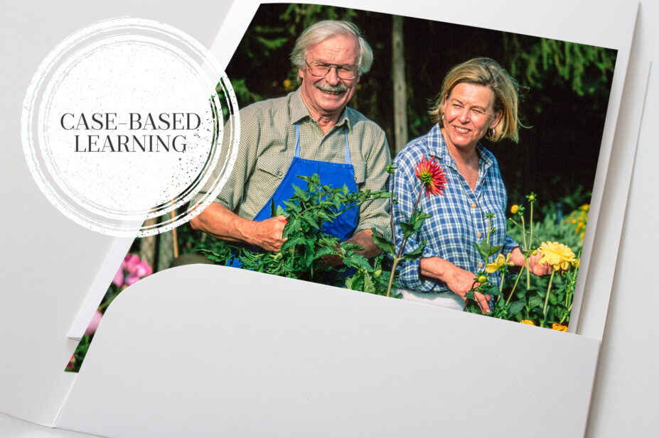 A case file with an older couple gardening happily in the sun