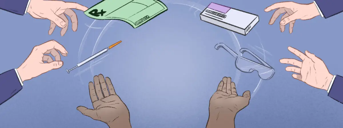 Illustration of two hands juggling vaccines, a prescription, dispensing and lab goggles, with suited hands trying to take the items as they fly through the air