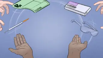 Illustration of two hands juggling vaccines, a prescription, dispensing and lab goggles, with suited hands trying to take the items as they fly through the air