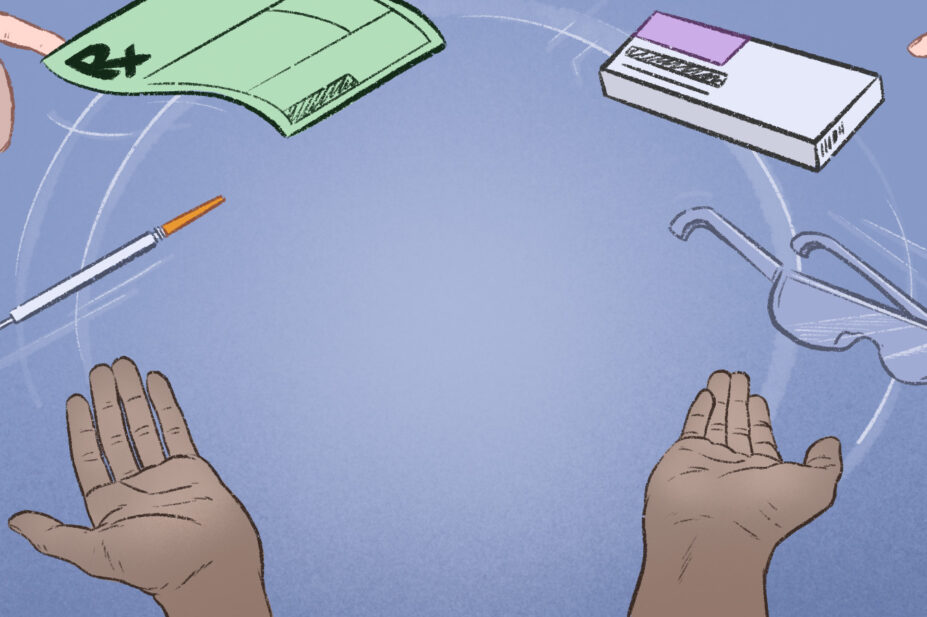 Illustration of two hands juggling vaccines, a prescription, dispensing and lab goggles, with suited hands trying to take the items as they fly through the air