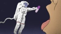 Illustration of an astronaut on a spacewalk popping a penicillin tablet onto the tongue of a very large person in space