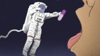 Illustration of an astronaut on a spacewalk popping a penicillin tablet onto the tongue of a very large person in space