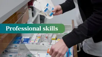 A pharmacist searching in a drawer for medicines