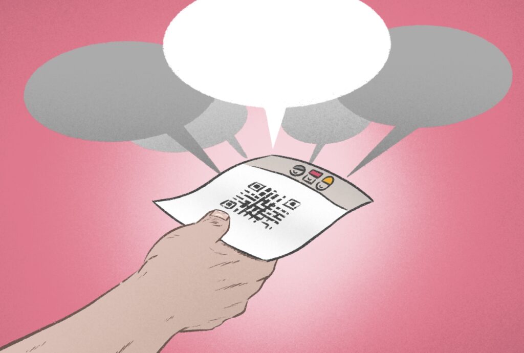 Illustration of a hand holding a Me + My Medicines pamplet with a QR code on it, with speech bubbles flourishing out of it