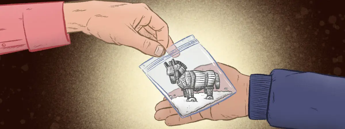 Illustration of a dealer handing over a baggie of a white powder, in which is a trojan horse, to a drug user