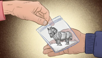 Illustration of a dealer handing over a baggie of a white powder, in which is a trojan horse, to a drug user