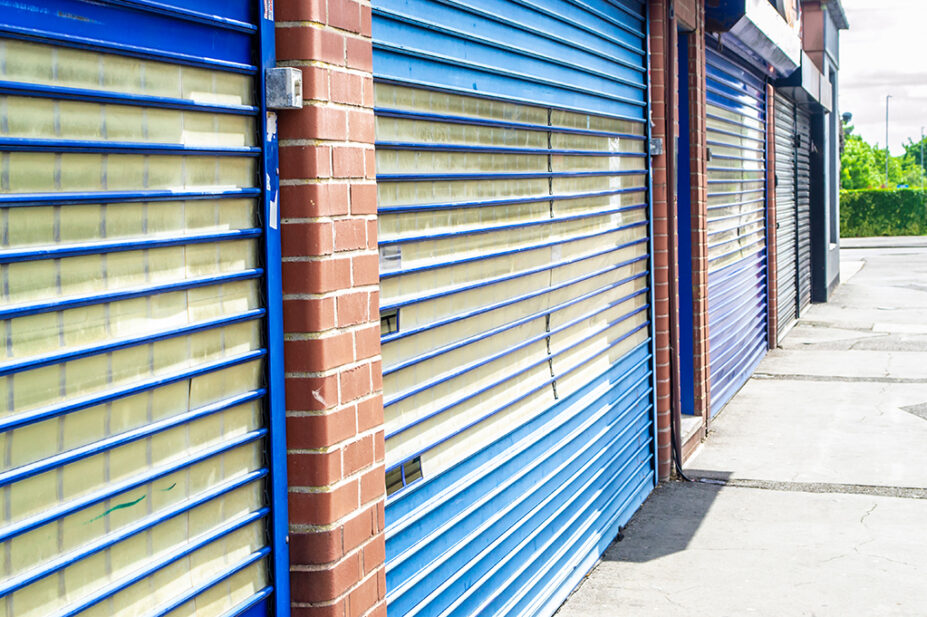 Closed shops with shutters down