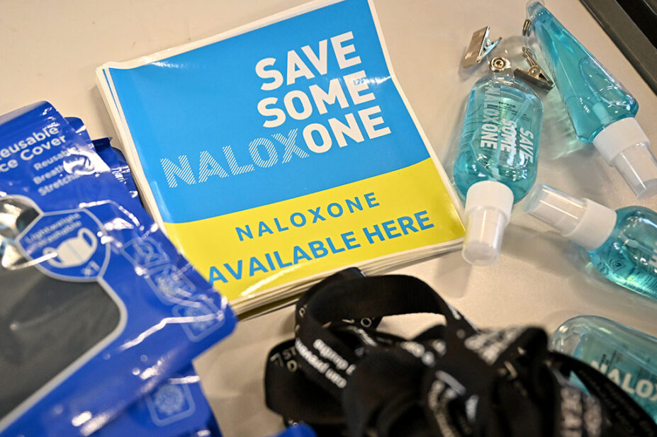 Naloxone nasal spray stickers on display at Bathgate Fire Station in Scotland