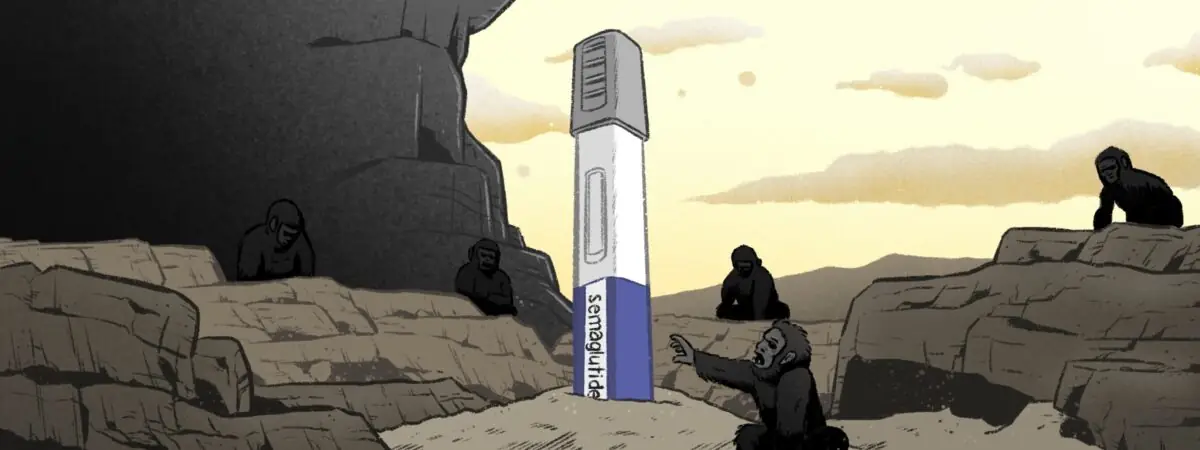 Illustration paying homage to the image of the monolith in 2001: A Space Odyssey, with the monolith replaced by a semaglutide injectable