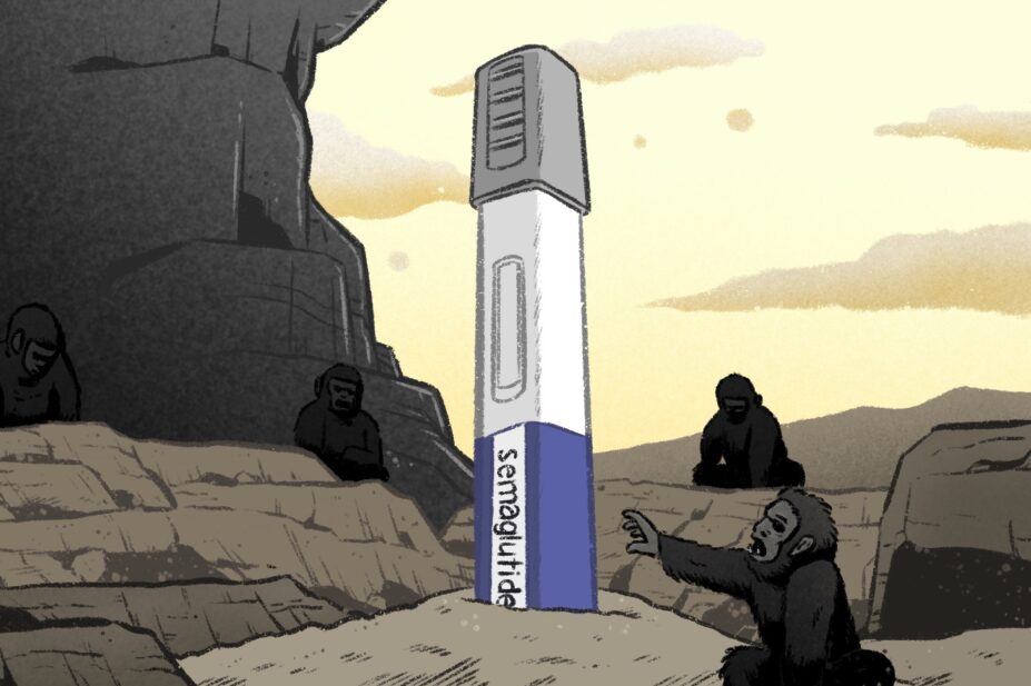 Illustration paying homage to the image of the monolith in 2001: A Space Odyssey, with the monolith replaced by a semaglutide injectable