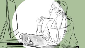 Stylised illustration of a woman looking at a computer quizzically with an ipad in her hand.