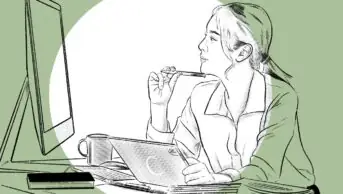 Stylised illustration of a woman looking at a computer quizzically with an ipad in her hand.