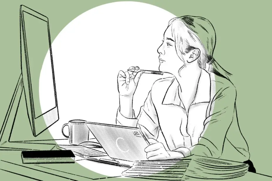 Stylised illustration of a woman looking at a computer quizzically with an ipad in her hand.