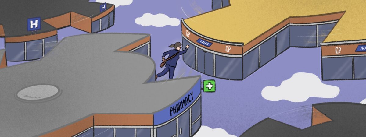 Illustration of person entering a pharmacy building