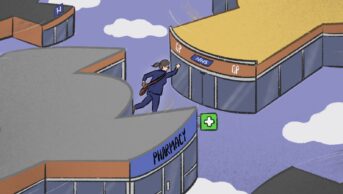 Illustration of person entering a pharmacy building