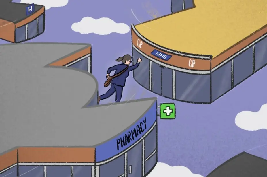 Illustration of person entering a pharmacy building