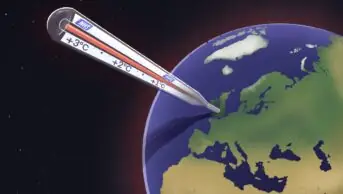 Illustration of a globe, with a thermometer stuck into the UK showing rising temperatures