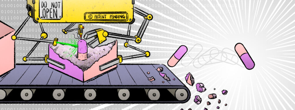 Illustration of an industrial pill pharmacy discovery machine