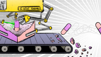 Illustration of an industrial pill pharmacy discovery machine