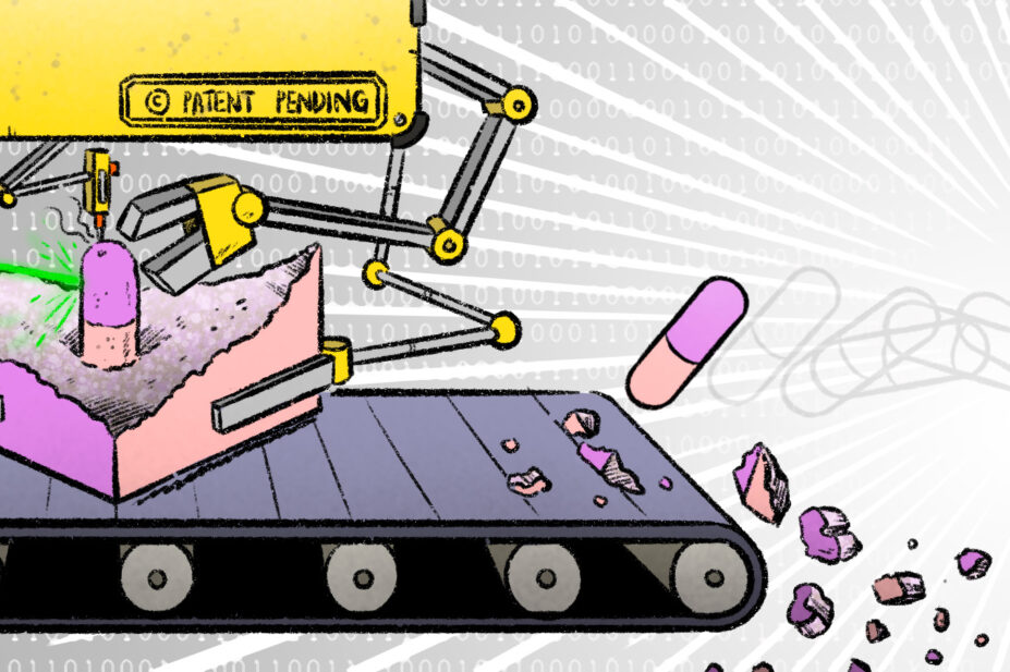 Illustration of an industrial pill pharmacy discovery machine