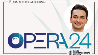 Photo of OPERA shortlisted researcher Sion Scott on a stylised background with the OPERA logo