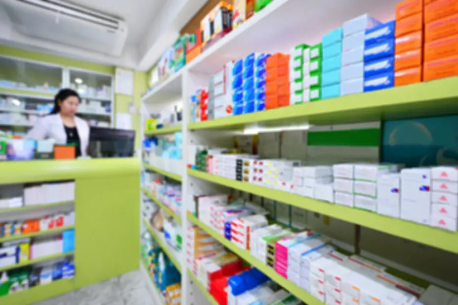 Pharmacy shelves and counter