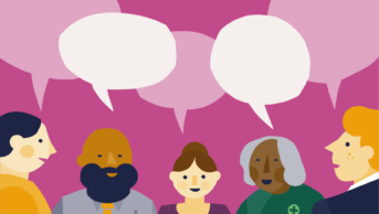 Illustration of a diverse group of people talking, with speech bubbles above their heads on a pink background