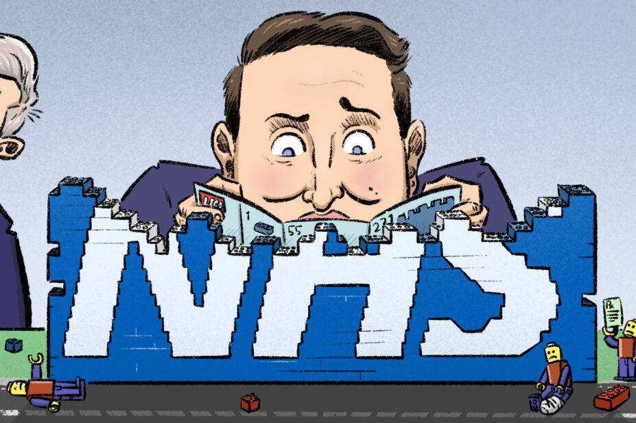 Illustration with a Lego NHS logo in the middle, half falling apart, with Wes Streeting behind looking worried over instructions, Keir Starmer on the left looking inside the empty box for bricks and to the right Rachel Reeves handing Streeting a single brick.