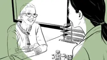 Illustration of an older woman sitting at a desk with a pharmacist, with a variety of pills between them