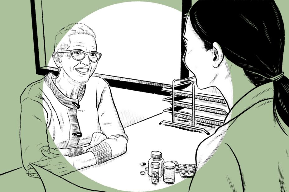 Illustration of an older woman sitting at a desk with a pharmacist, with a variety of pills between them