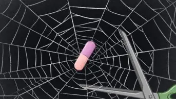 Illustration of a tablet in the middle of a spider's web, with a pair of scissors cutting through