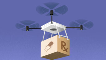 Illustration of a drone delivering a box with a pill on one side and a prescription symbol on the other