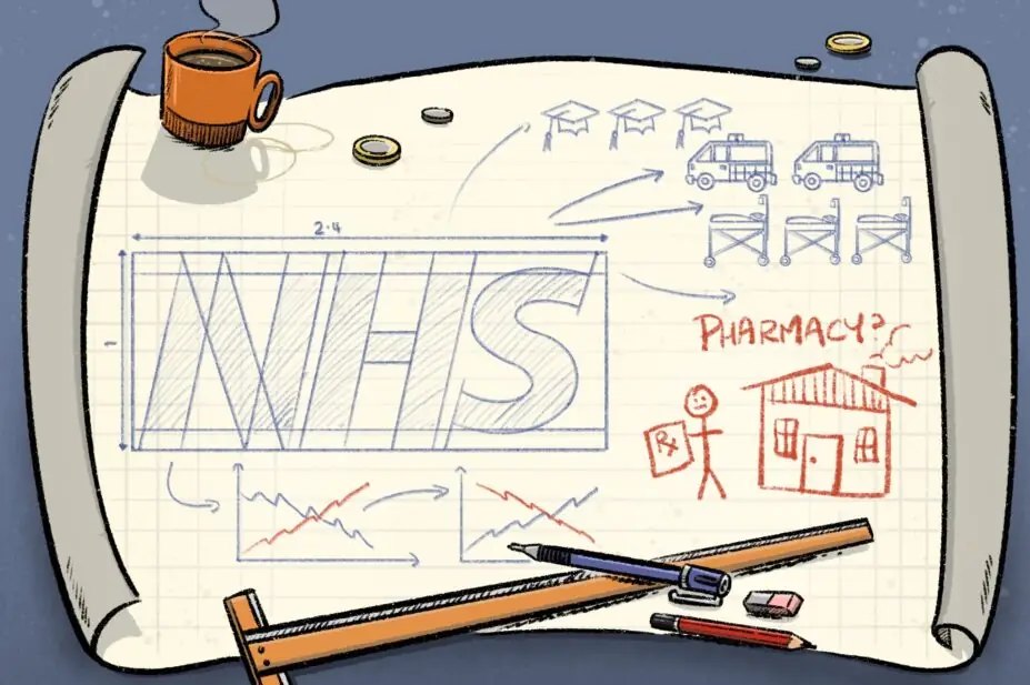 Illustration of blueprints, with a clearly detailed NHS logo, plans for ambulances, beds and new graduates, but a sketchy child-like illustration of pharmacy