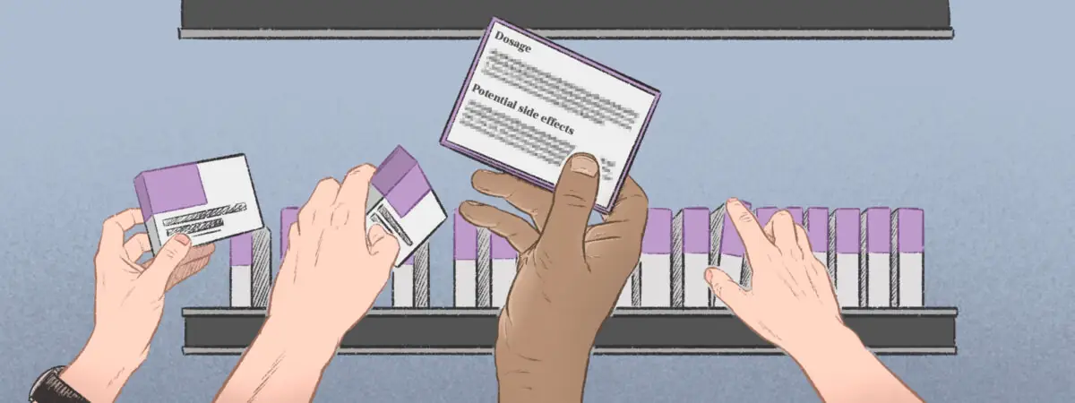 Illustration of many hands reaching for a medication, most white, with a darker skinned hand trying to read dosage and side effects information but it is pixelated/obscured