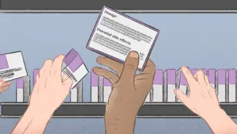 Illustration of many hands reaching for a medication, most white, with a darker skinned hand trying to read dosage and side effects information but it is pixelated/obscured