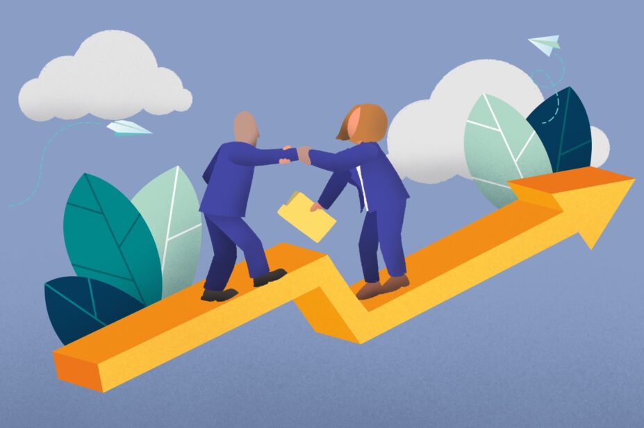 Illustration of people on an upward trajectory arrow, one helping the other