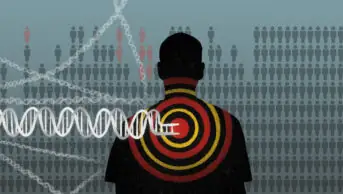 Illustration of a silhouette of a man being targeted by a strain of dna, with a background of barchart made up of people