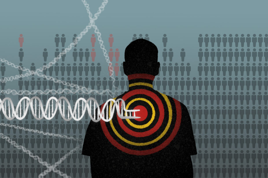 Illustration of a silhouette of a man being targeted by a strain of dna, with a background of barchart made up of people