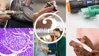 Collage of 6 images related to diabetes with a question mark in the centre